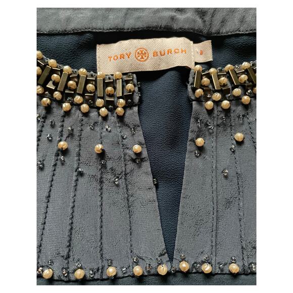 Tory Burch Womens/Teen Silk Sheer Blouse Beaded/Pearl Collar Slate color Size 0 - Picture 3 of 9